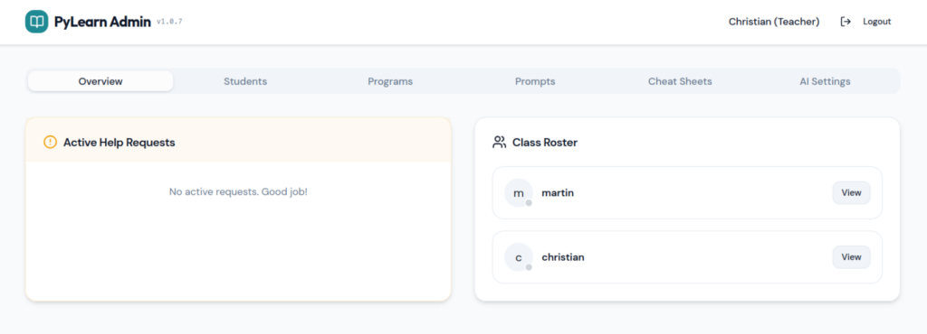 Teacher admin dashboard overview