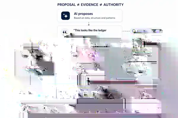 Diagram separating AI proposal, data checks, document evidence, and human authority before a claim is supported for a defined purpose.
